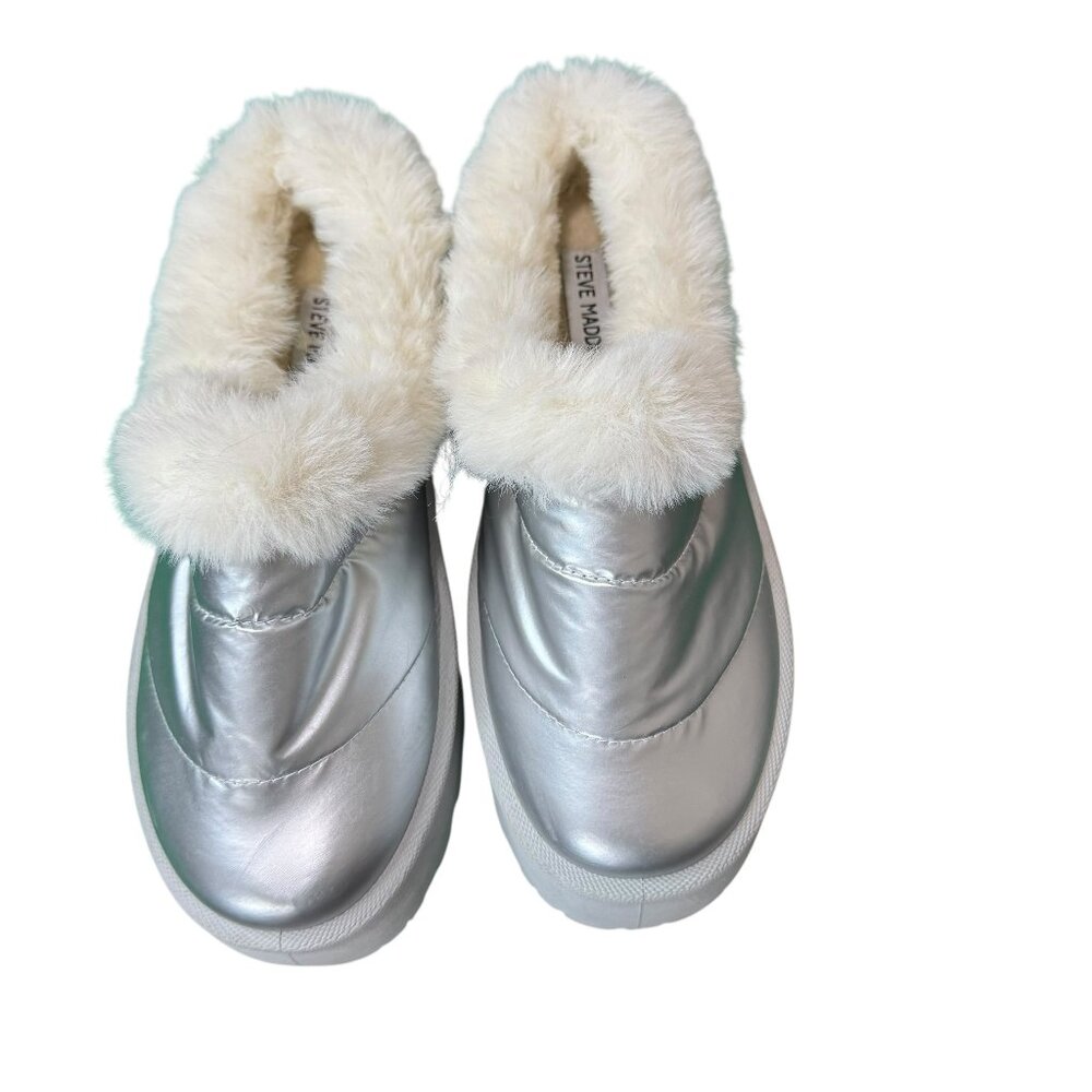 NWT Steve Madden Silver Faux Fur Lined Mules | Size 9 | Platform Slip-Ons